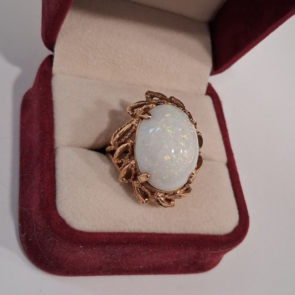 Opalite Filigree Huge Cocktail Ring Man Made Opal 10k Yellow Gold 9g Size 6.75